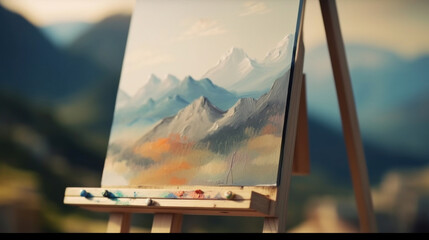 Vibrant oil painting of mountain scenery on an easel, showcasing an artist's interpretation of...