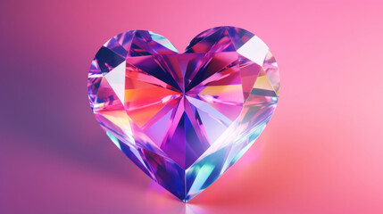Naklejka na ściany i meble A vibrant heart-shaped diamond radiating with multi-colored facets on a pink gradient background.