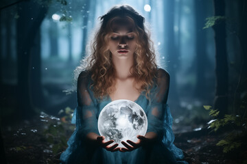 Naklejka premium Beautiful girl on a night with a magic ball. Astrology and Zodiac Concept. Generative Ai.