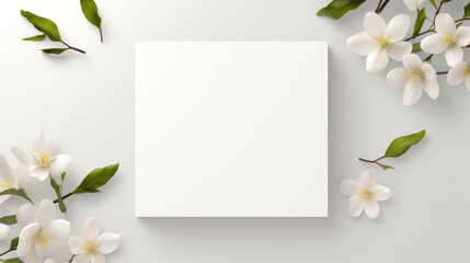 A blank white card surrounded by jasmine flowers and green leaves on a light background.
