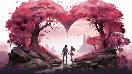 Scene of couple and heart-shape , fantasy,valentine day, romantic ,digital art, Illustration