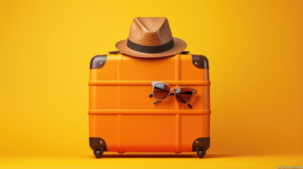 bright suitcase and traveler's hat