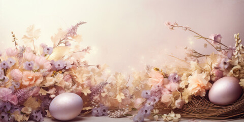 A pastel-toned floral arrangement with a delicate Easter egg nestled within, evoking a sense of spring.