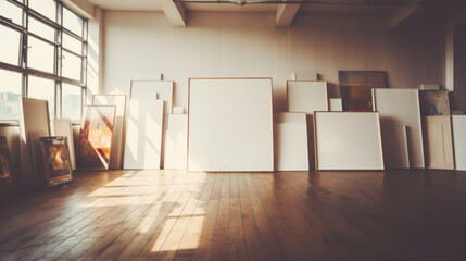 An art gallery interior bathed in natural light featuring blank canvases of various sizes ready for artwork.