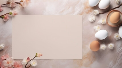 A serene spring-themed composition with a central blank canvas surrounded by white eggs and soft cherry blossoms.
