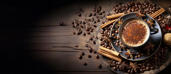 Cup of coffee with coffee beans, cinnamon and anise on dark wooden background, top view with copy space. Banner