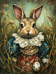 Fototapeta na wymiar Regal Rabbit in Blue with Easter Egg. Stylised rabbit in blue Elizabethan attire holding a decorative Easter egg.