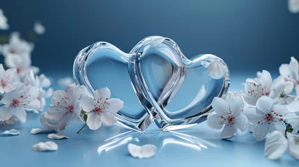 Fotobehang two glass hearts with white flowers blue background © Taia