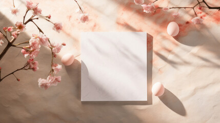 Easter greeting card mockup surrounded by eggs and blooming cherry blossoms in soft sunlight.