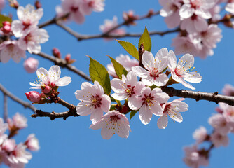 Spring banner with branches of blossoming cherry background with blue sky, landscape panorama, copy space.
