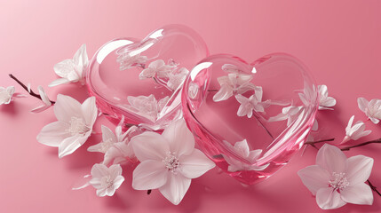 two glass hearts with white flowers pink background