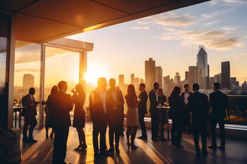 Elegant Evening Networking Event on Rooftop Terrace with City Skyline at Sunset, Corporate Social Gathering Concept - obrazy, fototapety, plakaty