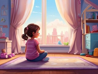 Kleines Mädchen sitzt allein im Schneidersitz in ihrem Zimmer und schaut aus einem großen Fenster in die ferne