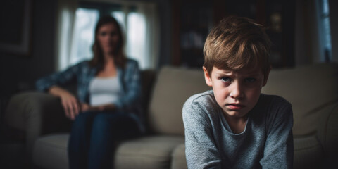 A portrait of a troubled young boy with a look of concern, with a blurred figure of a parent behind. - obrazy, fototapety, plakaty