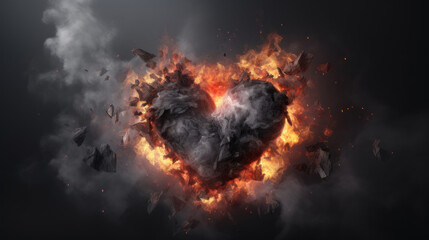 Conceptual art piece depicting a heart exploding into fiery fragments, symbolizing passion or heartbreak.