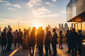 Elegant Evening Networking Event on Rooftop Terrace with City Skyline at Sunset, Corporate Social Gathering Concept - obrazy, fototapety, plakaty