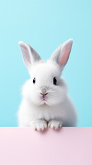 Obraz premium A curious white bunny looking over a pink surface with a clear blue background.