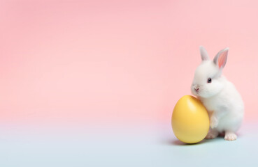 Cute white bunny holding a yellow Easter egg on a pastel blue and pink background.