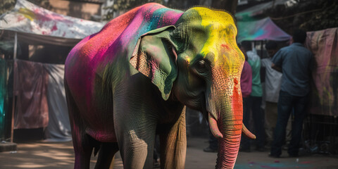 Fototapeta na wymiar Elephant In Colorful Powder Paint On A Holi Holday