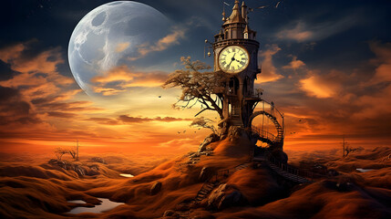 Clock watches surrealistic storm illustration dream sleepwalking wall art magic poster tattoo,,

Time is running out of time. Abandoned city at sunset, end of time, 