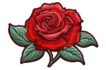 Embroidery red rose with green leaves isolated on a Transparent background. Generative AI