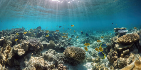 Naklejka na ściany i meble Underwater Tropical World With Fish And Corals