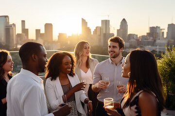 Diverse Group of Young Professionals Enjoying a Casual Rooftop Party at Sunset, Urban Socializing Concept - obrazy, fototapety, plakaty