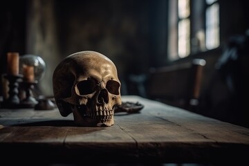 human skull in a terrible room