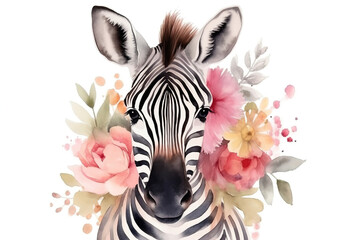 Watercolor paint illustration of zebra portrait in flowers on white