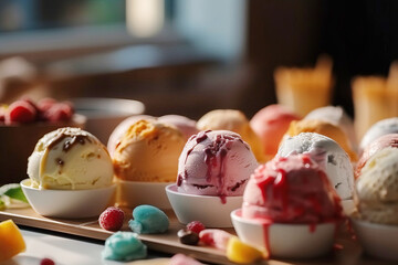 Close-up view of assorted ice cream scoops on the table