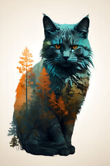 "Nordic Cat Silhouette: Forest Fusion - Double Exposure, Crisp Lines, Vibrant T-Shirt Design"