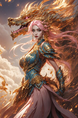 Fototapeta premium Chinese girl with eastern dragon, Generative Ai