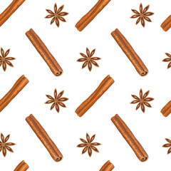 Watercolor seamless pattern with cinnamon sticks and star anise on a white background. Illustration of hand painted ingredients and seasonings. For design, textiles, decor, wallpaper, wrapping paper