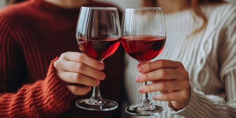 Two glasses of wine in the hands of a two women. - obrazy, fototapety, plakaty