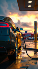 Close-up of electric car charging station booth sunset. Concept biofuel, ecology transportation, power supply battery charge energy, electro mobility, biofuel. Solving environmental pollution problems - obrazy, fototapety, plakaty