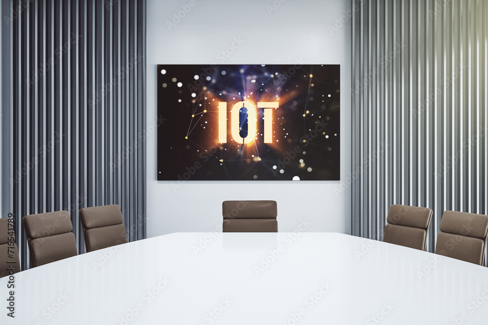 Poster Creative IOT concept on presentation screen in a modern conference room. 3D Rendering