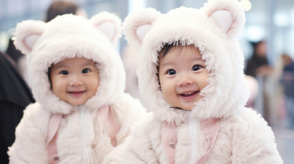 Twin babies dressed in fluffy bear suits smiling adorably, creating a heartwarming and cute moment.