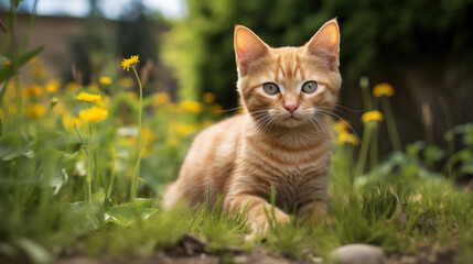 Naklejka na ściany i meble A curious ginger kitten with striking eyes peering through lush green grass in a garden.