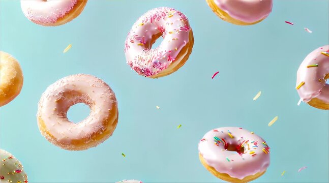 delicious glazed flying donuts pattern, pastel colors