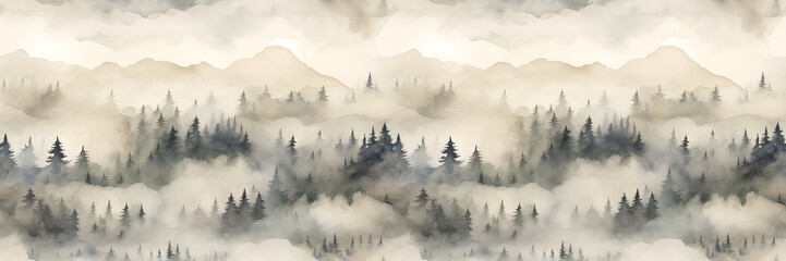 Seamless pattern with watercolor morning landscape with mountains and trees. Banner with mountains and fog. Light yellow and grey colors.