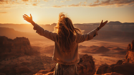 Boho woman with windy hair. Hipster girl in gypsy look, young traveler in the desert nature. - obrazy, fototapety, plakaty