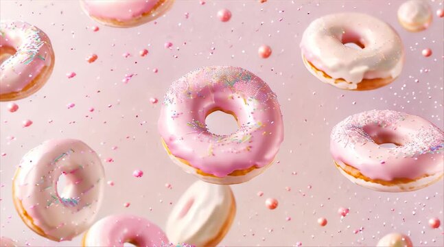 delicious glazed flying donuts pattern, pastel colors