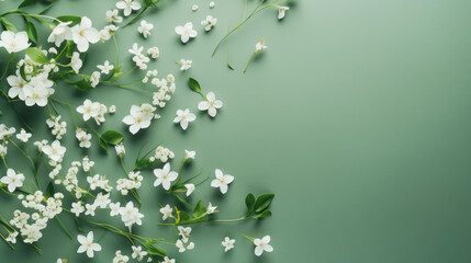 Elegant white flowers and greenery spread on a green background, a breath of spring for any project.