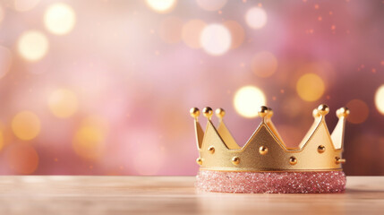 A majestic golden king's crown resting on a glittery pink surface, reflecting elegance and royal status with soft bokeh lights. - obrazy, fototapety, plakaty