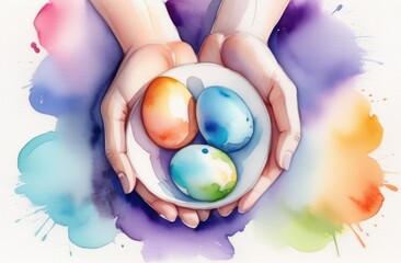Close-up of a girl's hands holding a plate and several Easter eggs in it, top view