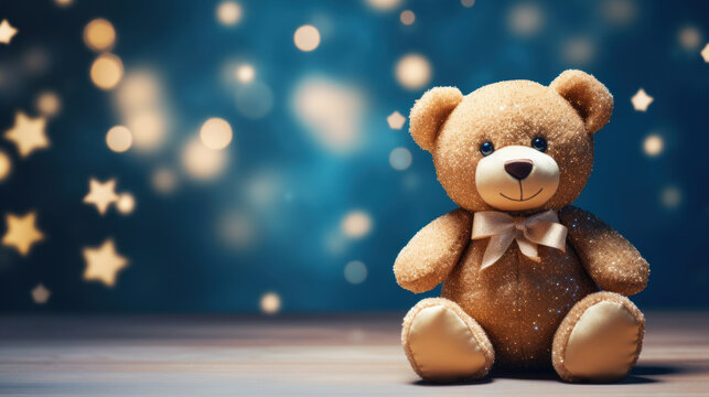 A sparkling brown teddy bear sitting against a starry night backdrop, creating a whimsical and comforting atmosphere.