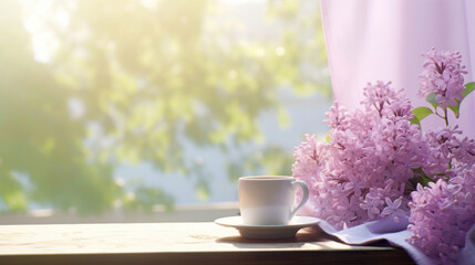 A serene setting with a cup of coffee and fresh lilac flowers on a rustic table, bathed in soft morning sunlight.