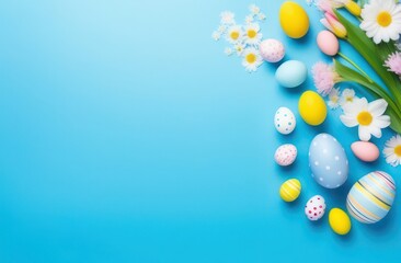 Easter banner in blue colors with Easter paraphernalia - obrazy, fototapety, plakaty
