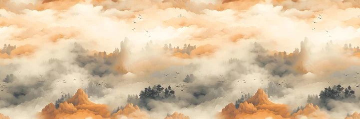 Outdoor-Kissen Seamless pattern with watercolor landscape with mountains, clouds and trees. Banner with mountains and fog. Sepia and orange colors. © Alexey
