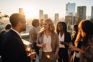 Diverse Group of Young Professionals Enjoying a Casual Rooftop Party at Sunset, Urban Socializing Concept